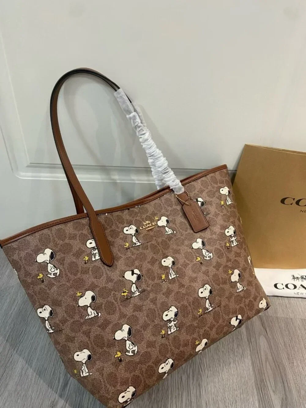 Coach Brown Signature Monogram Snoopy Print Large Shoulder Tote